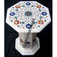 White marble inlay side table top having multi-color combination of semi-precious stones  WP-13203